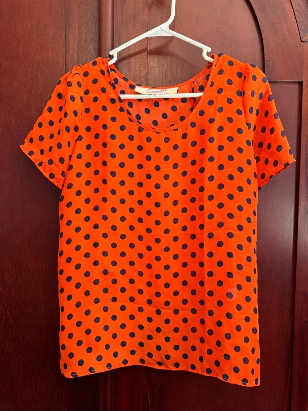 Emmelee Orange and Blue Polka Dot Short Sleeve Blouse open back Size Medium